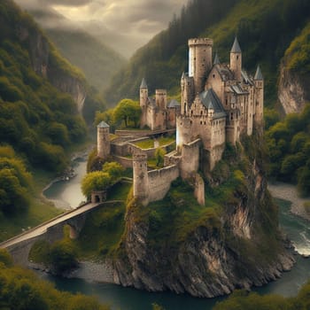 A medieval castle perched on a cliff overlooking a river. The castle is surrounded by a lush green forest, creating a sense of peace and serenity. A high-quality AI-generated photo.