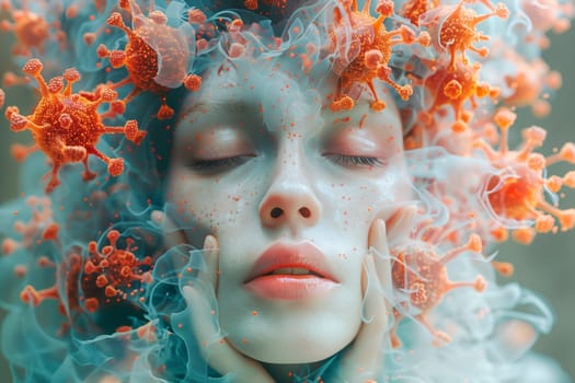 Woman surrounded by viruses, Mpox, monkeypox or covid outbreak, MPXV virus, infectious disease spreading to human
