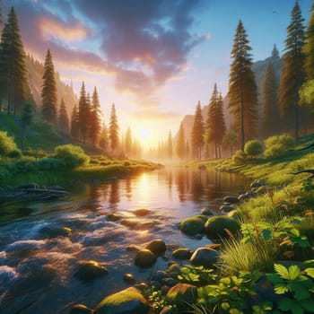 A river flowing through a forest at sunset. The sky is a beautiful mix of pink, orange, and blue, creating a serene and romantic atmosphere. A high-quality AI-generated photo.