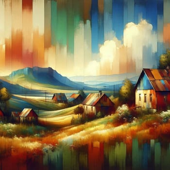A colorful painting of a countryside landscape with houses, fields, and mountains. The scene is idyllic and peaceful, evoking a sense of nostalgia and tranquility. A high-quality AI-generated photo.