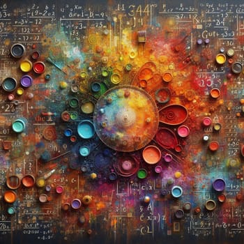 A classroom with a blackboard filled with mathematical equations, a color wheel, and paint pots, suggesting the intersection of art, science, and education. A high-quality AI-generated photo.