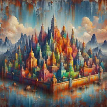 A surreal painting of a colorful city floating in the sky, with mountains and clouds in the background. The city is a mix of ancient and modern architecture, creating a sense of wonder and mystery. A high-quality AI-generated photo.