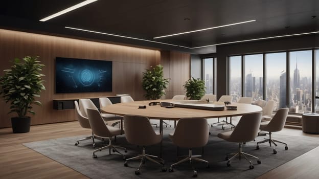 A modern conference room with a large round table and chairs, overlooking a cityscape. The room is sleek and stylish, with a sense of sophistication and professionalism. A high-quality AI-generated photo.