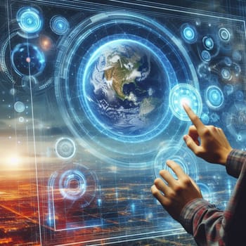 A pair of hands interacting with a futuristic interface, displaying a globe and various buttons. The scene represents the concept of technology and global connection. A high-quality AI-generated photo.