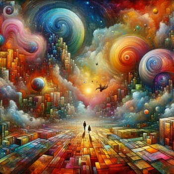 A surreal painting of two figures walking towards a colorful, abstract city in the clouds. The scene is dreamy and imaginative, representing the concept of dreams, aspirations, and exploration. A high-quality AI-generated photo.