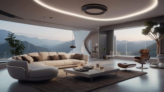 A modern living room with large windows overlooking a mountain range. The room is sleek and stylish, with a sense of luxury and tranquility. A high-quality AI-generated photo.
