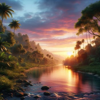 A tropical river flowing through a dense jungle at sunset. The sky is a beautiful mix of pink, orange, and blue, creating a romantic and breathtaking scene. A high-quality AI-generated photo.