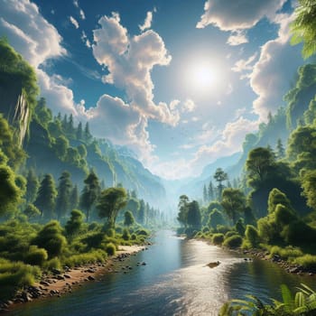 A peaceful river flowing through a lush green valley, surrounded by mountains and trees. The sun is shining brightly, creating a serene and inspiring atmosphere. A high-quality AI-generated photo.