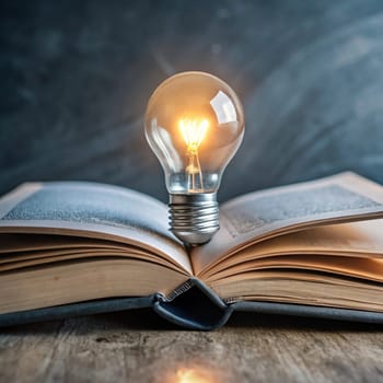 An open book with a lit light bulb on top of it, representing the concept of knowledge, learning, and ideas. The scene is warm and inviting, with a wooden table and a dark background. A high-quality AI-generated photo.