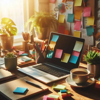 A creative workspace with a laptop, a cup of coffee, notebooks, pencils, and colorful sticky notes. The scene is filled with natural light and a sense of productivity and inspiration. A high-quality AI-generated photo.