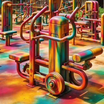 A colorful outdoor gym with exercise equipment painted in bright, vibrant colors. The equipment is old and rusty, but the paint gives it a new life and a playful feel. A high-quality AI-generated photo.