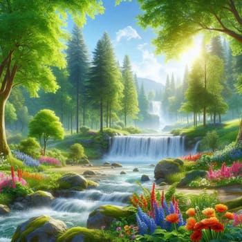 A beautiful waterfall cascading down a mountainside in a lush, green forest. The scene is filled with flowers and sunlight, creating a tranquil and peaceful atmosphere. A high-quality AI-generated photo.
