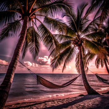 A hammock hanging between two palm trees on a tropical beach. The sun is setting in the background, creating a romantic and peaceful atmosphere. A high-quality AI-generated photo.
