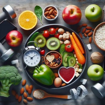 A healthy food arrangement on a black plate with a clock, dumbbells, and a measuring tape. The arrangement includes fruits, vegetables, nuts, and protein sources, representing a balanced diet and healthy lifestyle. A high-quality AI-generated photo.