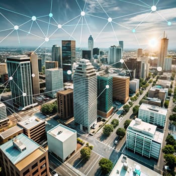 An aerial view of a city skyline with a network of interconnected dots and lines, representing the concept of connectivity, technology, and communication. A high-quality AI-generated photo.