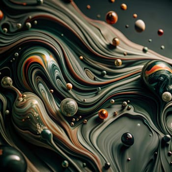 A close-up view of a swirling, abstract background with green, brown, and gold colors and scattered orbs. The colors are vibrant and the image has a sense of depth and movement. A high-quality AI-generated photo.