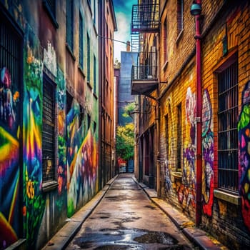 A narrow alleyway in a city, with colorful graffiti on the walls. The alley is dark and mysterious, creating a sense of intrigue and urban exploration. A high-quality AI-generated photo.