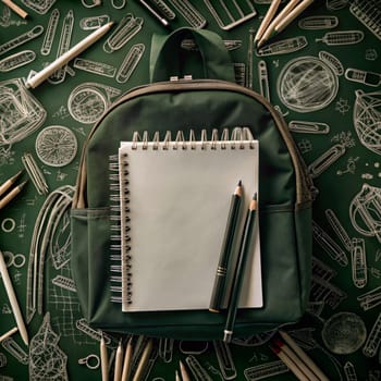 A green backpack with a notebook and pencils on top of it. The backpack is surrounded by a pattern of school supplies, creating a back-to-school vibe. A high-quality AI-generated photo.