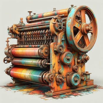 An old, rusty printing press with colorful paint splatters on it. The press is a relic of a bygone era, but it still has a sense of beauty and functionality. A high-quality AI-generated photo.