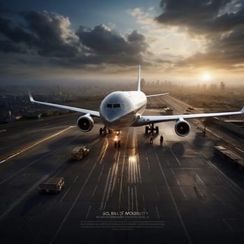 A commercial airplane taxiing on the runway at sunset, with a city skyline in the background. The scene emphasizes the power and grace of modern aviation. A high-quality AI-generated photo.