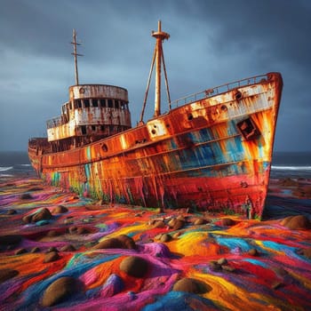 A rusty shipwreck on a beach with colorful, abstract paint splatters surrounding it. The scene is a mix of nature and human creation, creating a unique and surreal landscape. A high-quality AI-generated photo.