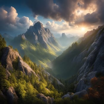 A panoramic view of a mountain range, with sharp peaks, lush forests, and a dramatic sky filled with clouds and a setting sun. The scene emphasizes the beauty and grandeur of nature. A high-quality AI-generated photo.