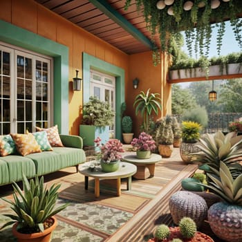 A colorful patio with a green couch, potted plants, and a wooden coffee table. The patio is decorated in a bohemian style, with a mix of patterns and textures. A high-quality AI-generated photo.