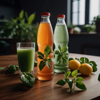 Two bottles of juice and a glass of juice, with fresh lemons and green leaves arranged on a table. A high-quality AI-generated photo.