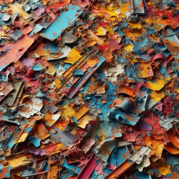 A close-up shot of a pile of colorful, rusty metal scraps. The scraps are arranged in a chaotic and abstract way, creating a sense of texture and depth. A high-quality AI-generated photo.