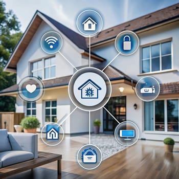 A smart home concept with icons of home automation features, displayed over a photo of a modern house. A high-quality AI-generated photo.
