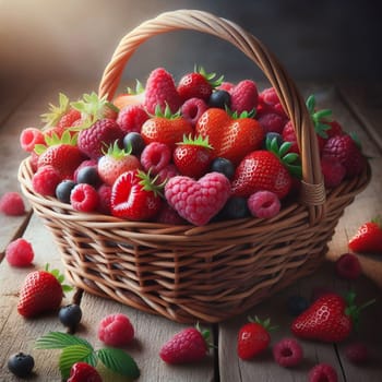 A basket filled with fresh berries, including raspberries, strawberries, and blueberries. The berries are arranged in a heart shape, creating a romantic and sweet scene. A high-quality AI-generated photo.