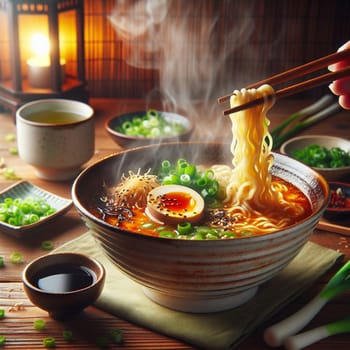A bowl of steaming ramen noodles with an egg, seaweed, and green onions. A high-quality AI-generated photo.