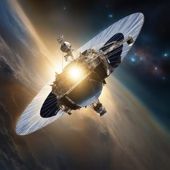 A satellite orbiting Earth against a background of stars and a glowing sun. The satellite is equipped with a large antenna, suggesting a connection to distant signals or communication networks. A high-quality AI-generated photo.