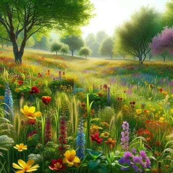 A meadow full of wildflowers, with sunlight filtering through the trees in the background. A high-quality AI-generated photo.