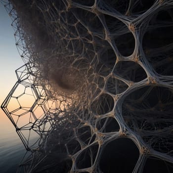 Abstract image of a network of interconnected lines and shapes, resembling a neural network or a complex web of data. The scene is set against a background of a sunset sky, suggesting the vastness of the internet or the interconnectedness of the human brain. A high-quality AI-generated photo.