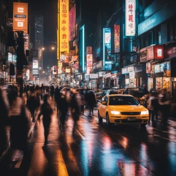 A busy city street at night with blurred people walking and a yellow taxi driving through the illuminated streets. A high-quality AI-generated photo.