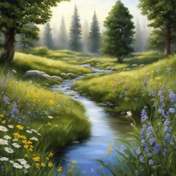 A picturesque scene of a stream flowing through a lush meadow, with wildflowers blooming and trees lining the banks. A high-quality AI-generated photo.