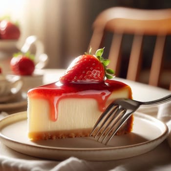 A close-up shot of a slice of cheesecake topped with strawberry sauce and a fresh strawberry. A high-quality AI-generated photo.