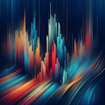 Abstract image of a digital city skyline with colorful, vertical lines representing buildings, set against a dark background. A high-quality AI-generated photo.