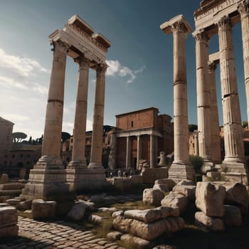 A view of the Roman Forum with ruins of ancient columns and buildings. A high-quality AI-generated photo.