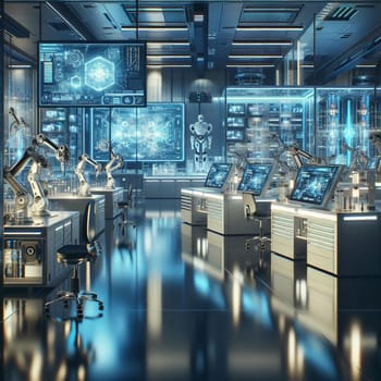 A futuristic laboratory with robotic arms, computers, and a humanoid robot, all illuminated with blue light. A high-quality AI-generated photo.