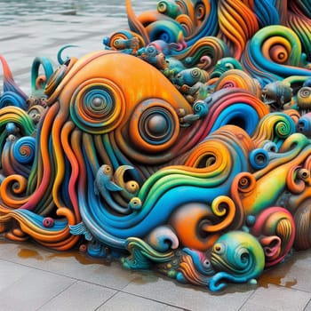 A colorful, abstract sculpture of a sea creature, made of swirling lines, shapes, and textures. The sculpture is vibrant and whimsical, with a sense of movement and energy. A high-quality AI-generated photo.