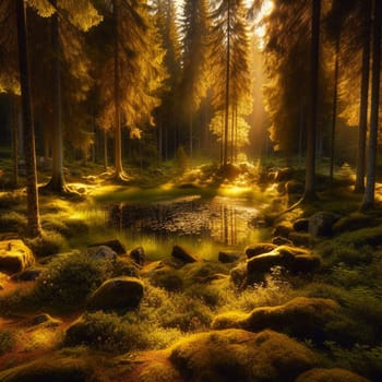 Sunlight filters through the trees in a forest, illuminating a small pond surrounded by rocks and moss. A high-quality AI-generated photo.