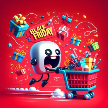 A cartoon-like robot pushes a shopping cart full of gifts, with the words "Black Friday"" on a tag. A high-quality AI-generated photo."