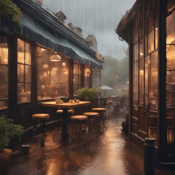 A charming cafe with tables and chairs set up on the street, in the midst of a gentle rain. A high-quality AI-generated photo.
