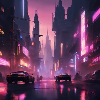 A futuristic cityscape with glowing neon lights and sleek vehicles driving through the streets. A high-quality AI-generated photo.