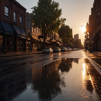 A street lined with shops and buildings, with the golden light of sunset reflecting in puddles on the wet pavement. A high-quality AI-generated photo.