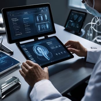 A doctor wearing a face mask examines a digital tablet displaying medical imagery. The scene is set in a modern, sterile laboratory, emphasizing the use of technology in healthcare. A high-quality AI-generated photo.