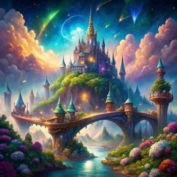 A magical castle perched on a hilltop overlooking a lush valley with a river flowing through it. The scene is illuminated by a warm, golden light, creating a sense of enchantment and wonder. A high-quality AI-generated photo.