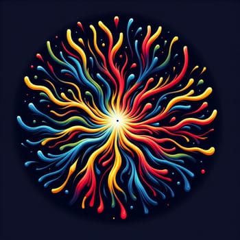Abstract design of vibrant, colorful, liquid-like shapes radiating from a central point, resembling a flower or a firework. The colors are bold and dynamic, creating a visually striking and abstract composition. A high-quality AI-generated photo.